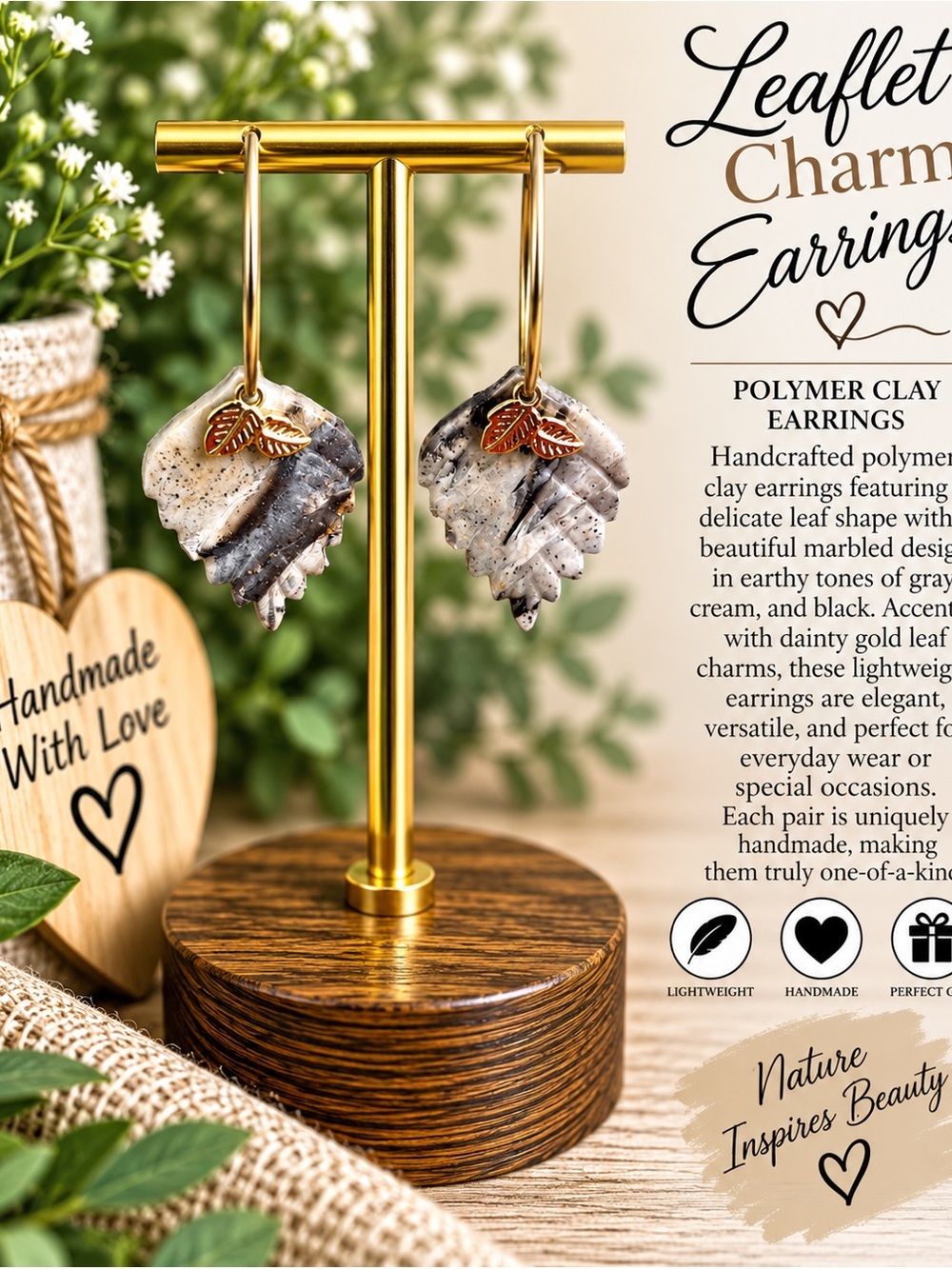 Handmade Leaflet Charm Earrings — Marble Cream & Black with Gold Leaf Accent